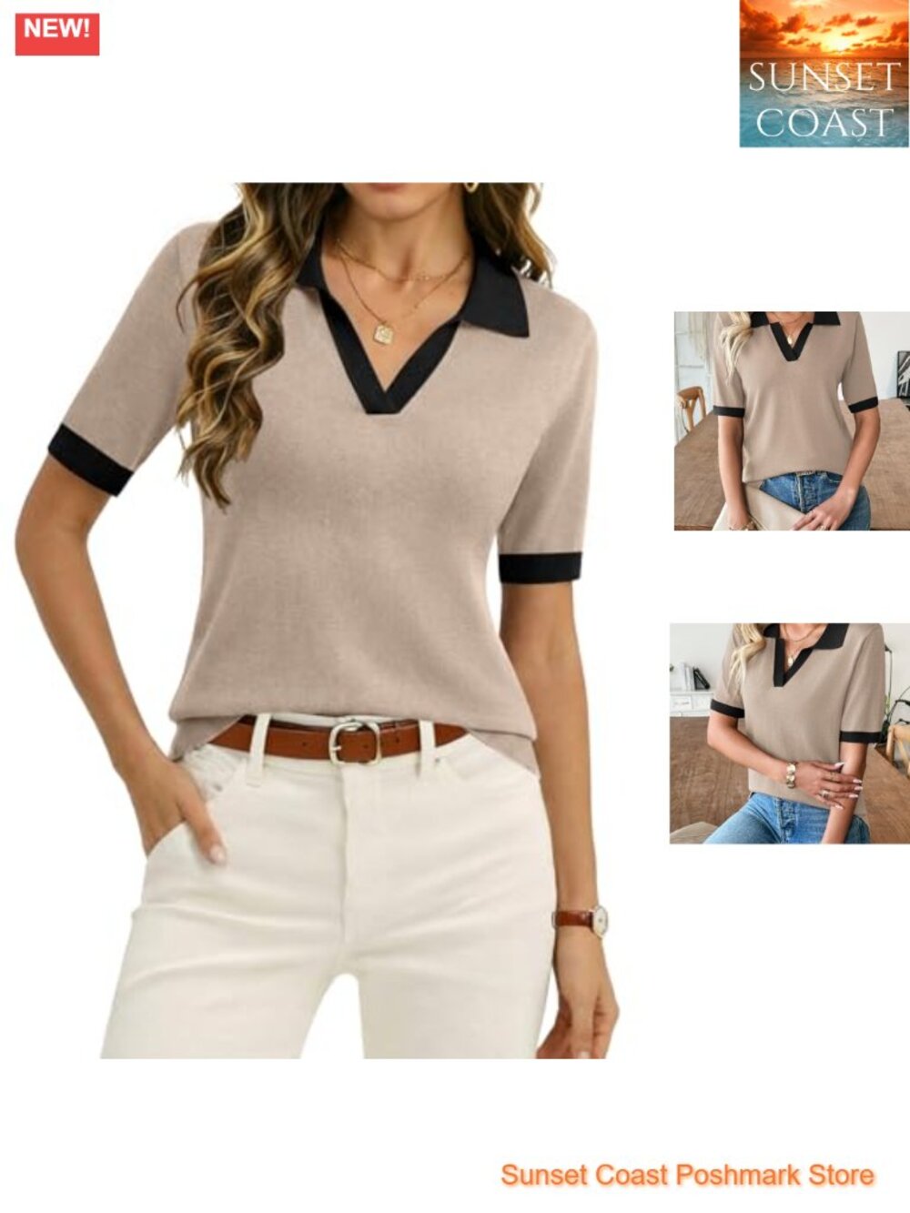 Zeagoo Polo Sweater Short Sleeve V Neck Knitted Business Casual Top